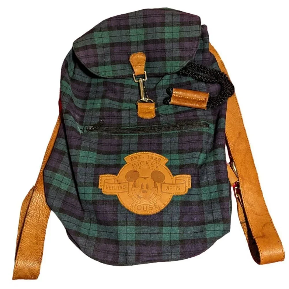 Vintage 90's Disney Mickey Mouse Plaid Backpack Cabincore‎ Leather Drawstring